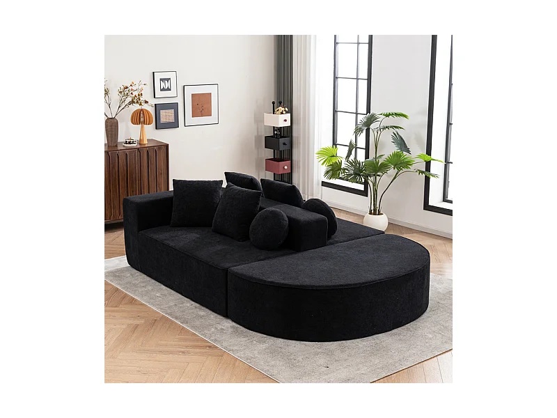 Canapé 5 places panoramique modulable - en tissu Chenille noir - avec 6 oreillers - 263x171x66cm