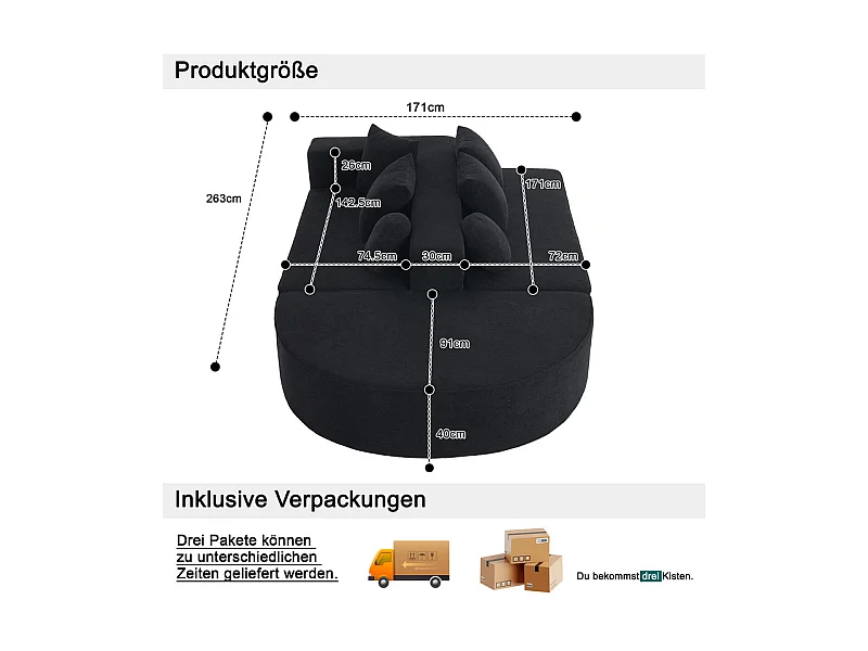 Canapé 5 places panoramique modulable - en tissu Chenille noir - avec 6 oreillers - 263x171x66cm