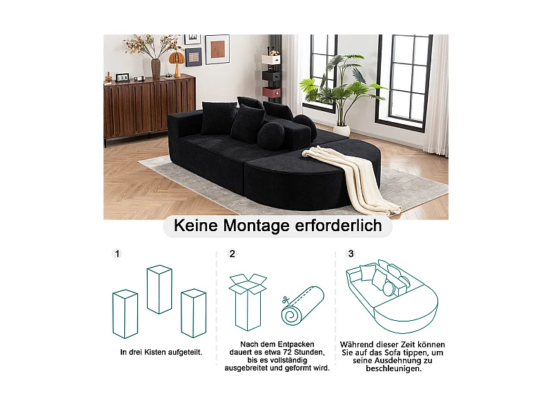 Canapé 5 places panoramique modulable - en tissu Chenille noir - avec 6 oreillers - 263x171x66cm