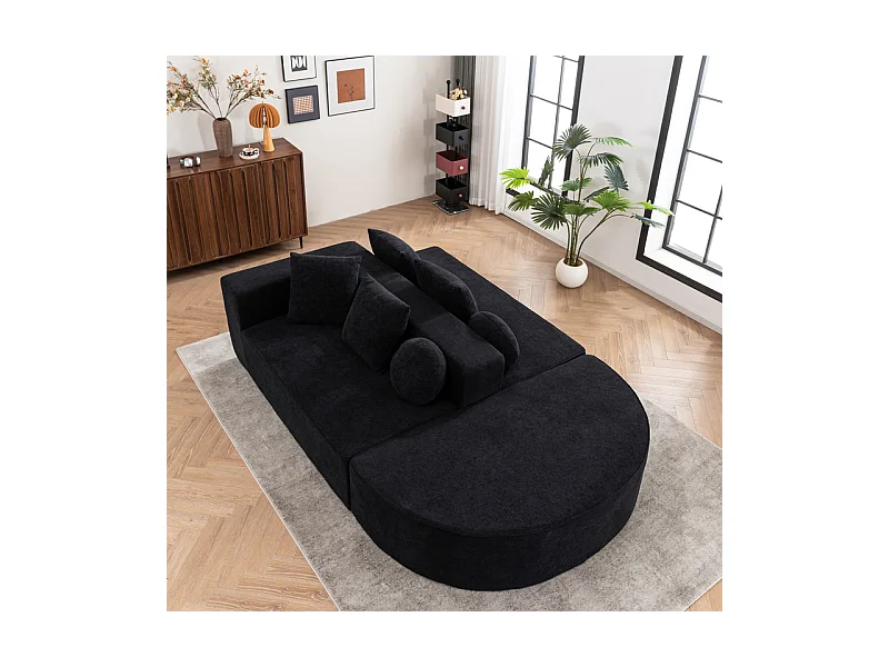 Canapé 5 places panoramique modulable - en tissu Chenille noir - avec 6 oreillers - 263x171x66cm