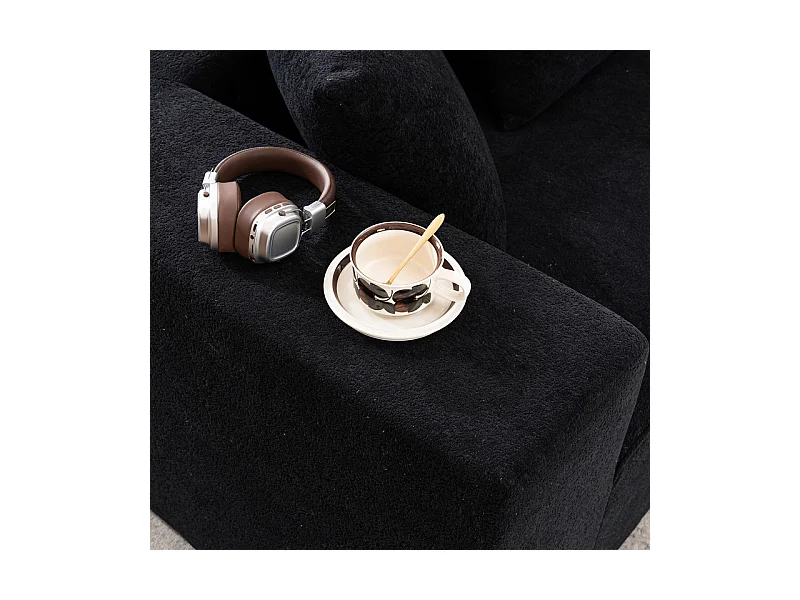 Canapé 5 places panoramique modulable - en tissu Chenille noir - avec 6 oreillers - 263x171x66cm