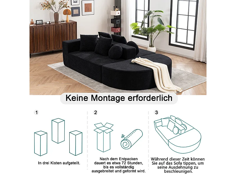 Canapé 5 places panoramique modulable - en tissu Chenille noir - avec 6 oreillers - 263x171x66cm