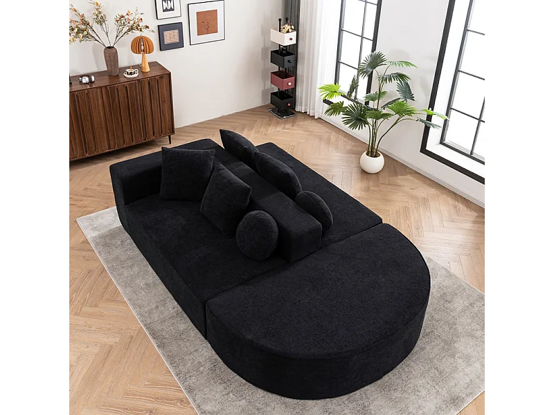 Canapé 5 places panoramique modulable - en tissu Chenille noir - avec 6 oreillers - 263x171x66cm