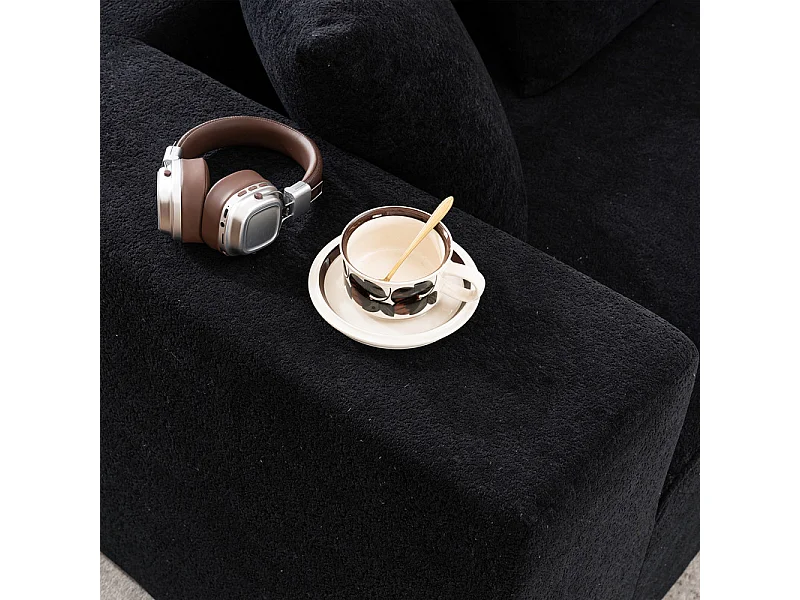 Canapé 5 places panoramique modulable - en tissu Chenille noir - avec 6 oreillers - 263x171x66cm