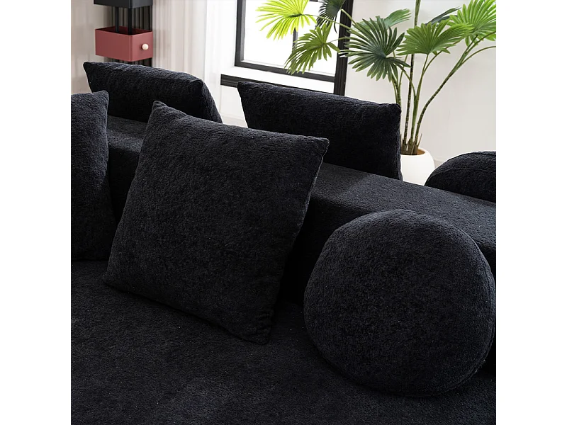 Canapé 5 places panoramique modulable - en tissu Chenille noir - avec 6 oreillers - 263x171x66cm