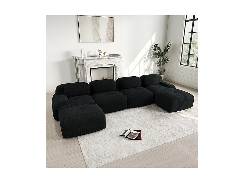 Große modulare Ecksofa 388cm - aus Rippensamt - mit 4 Kissen und 2 Hocker - ergonomisch - Schwarz