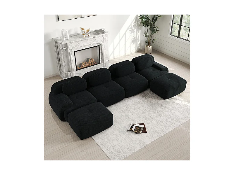 Große modulare Ecksofa 388cm - aus Rippensamt - mit 4 Kissen und 2 Hocker - ergonomisch - Schwarz
