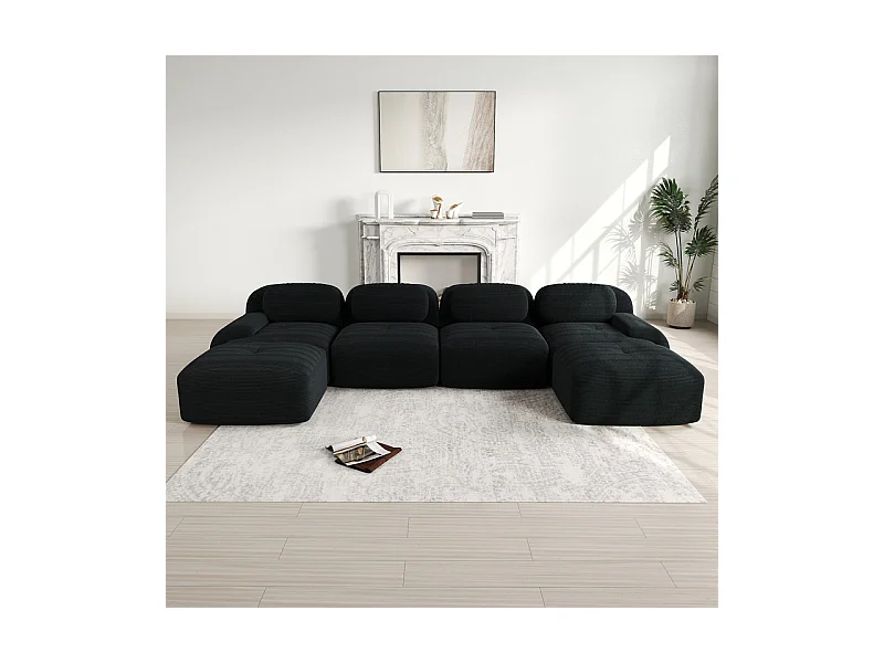 Grand canapé d'angle modulable 388cm - en Velours côtelé - avec 4 oreillers et  2 pouf - ergonomique - Noir