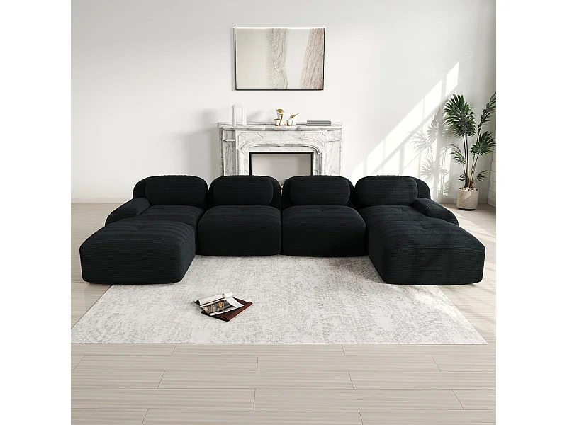 Grand canapé d'angle modulable 388cm - en Velours côtelé - avec 4 oreillers et  2 pouf - ergonomique - Noir