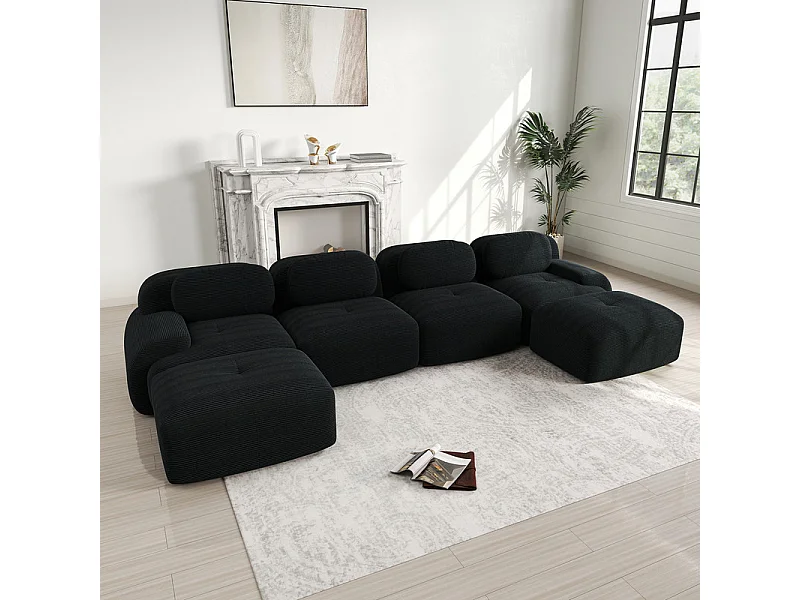 Grand canapé d'angle modulable 388cm - en Velours côtelé - avec 4 oreillers et  2 pouf - ergonomique - Noir
