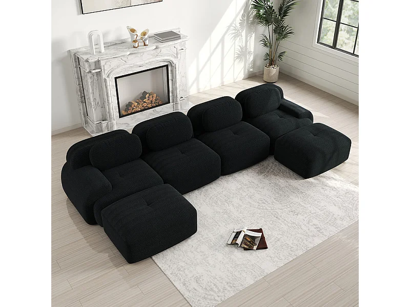 Grand canapé d'angle modulable 388cm - en Velours côtelé - avec 4 oreillers et  2 pouf - ergonomique - Noir