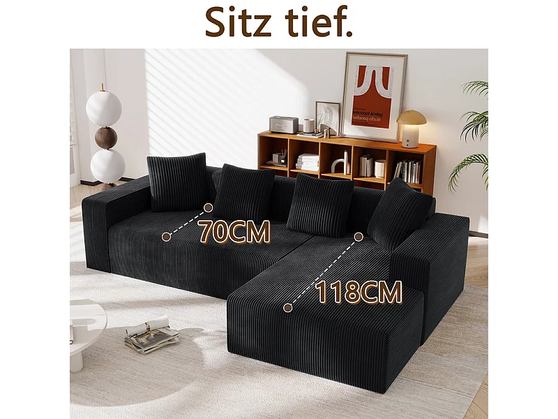 Grand canapé d'angle droit modulable, en velours côtelé, avec 4 oreillers, sans assemblage requis, 261x146x65cm, Noir