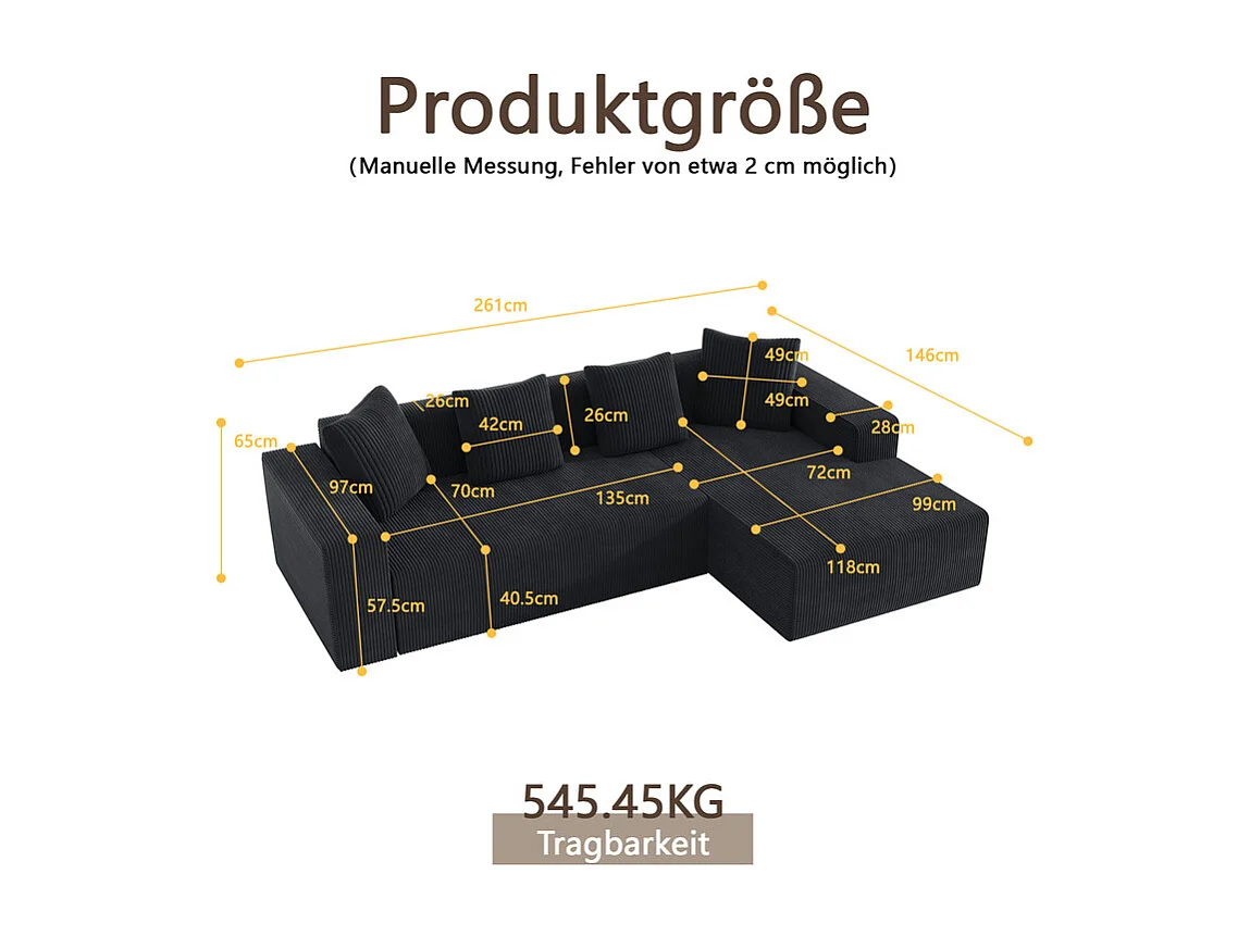Grand canapé d'angle droit modulable, en velours côtelé, avec 4 oreillers, sans assemblage requis, 261x146x65cm, Noir