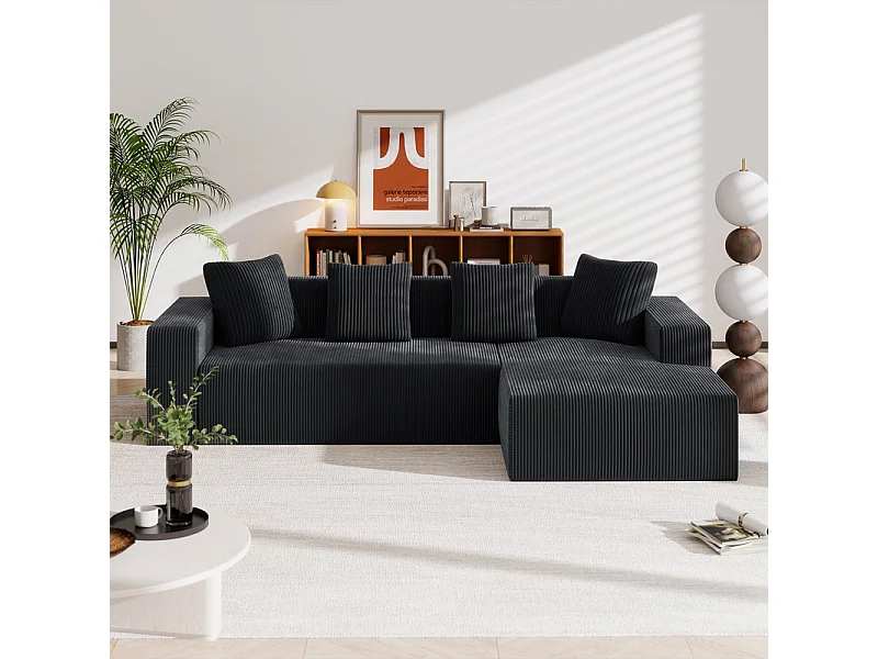 Grand canapé d'angle droit modulable, en velours côtelé, avec 4 oreillers, sans assemblage requis, 261x146x65cm, Noir