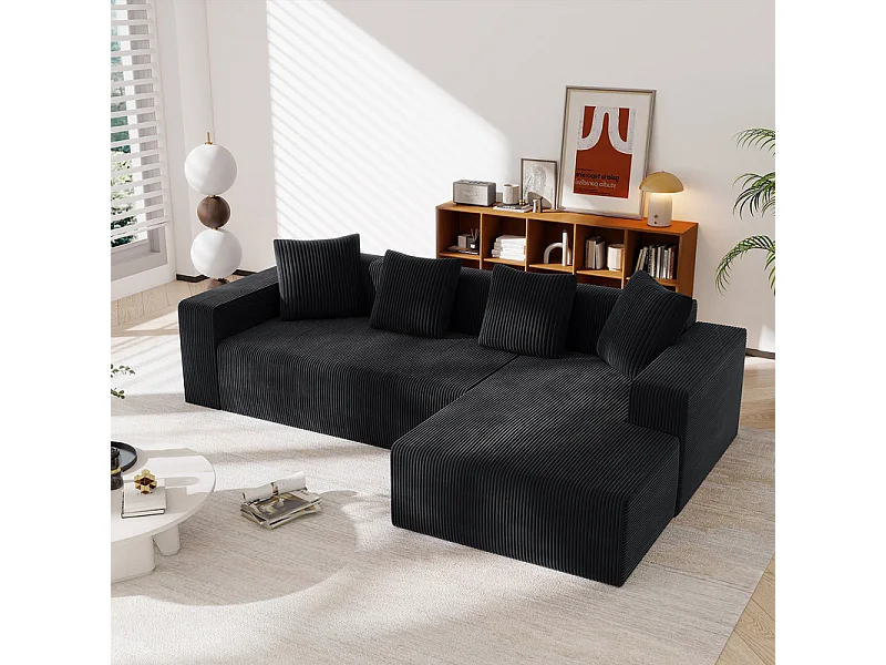 Grand canapé d'angle droit modulable, en velours côtelé, avec 4 oreillers, sans assemblage requis, 261x146x65cm, Noir
