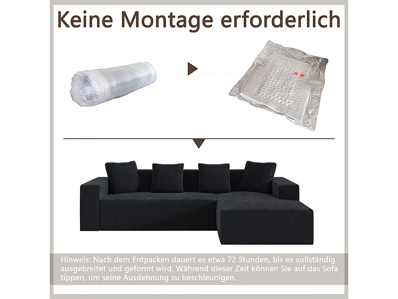 Grand canapé d'angle droit modulable, en velours côtelé, avec 4 oreillers, sans assemblage requis, 261x146x65cm, Noir