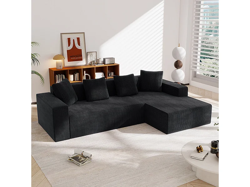 Grand canapé d'angle droit modulable, en velours côtelé, avec 4 oreillers, sans assemblage requis, 261x146x65cm, Noir