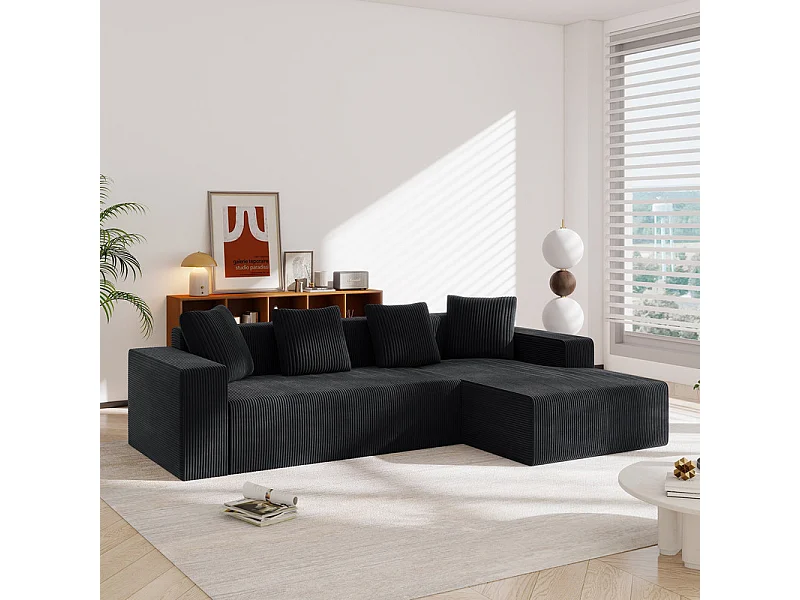 Grand canapé d'angle droit modulable, en velours côtelé, avec 4 oreillers, sans assemblage requis, 261x146x65cm, Noir