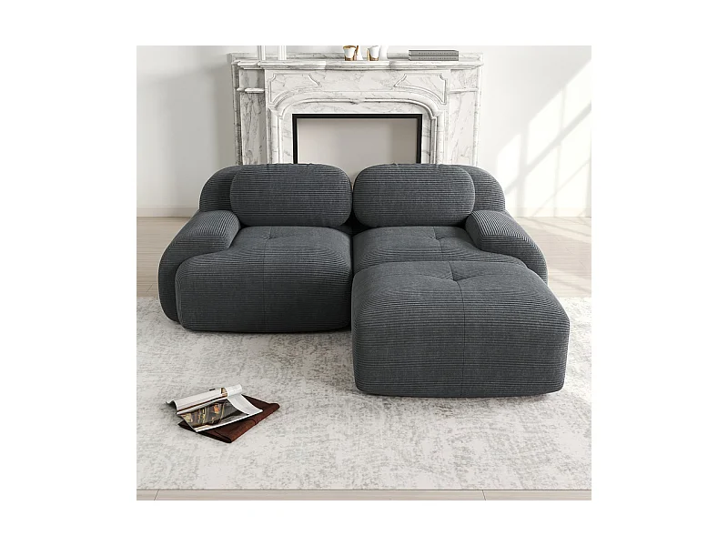 Canapé 2 places d'angle modulable - en Velours côtelé - avec 2 oreillers et  pouf - ergonomique - 208x178x75cm - Gris