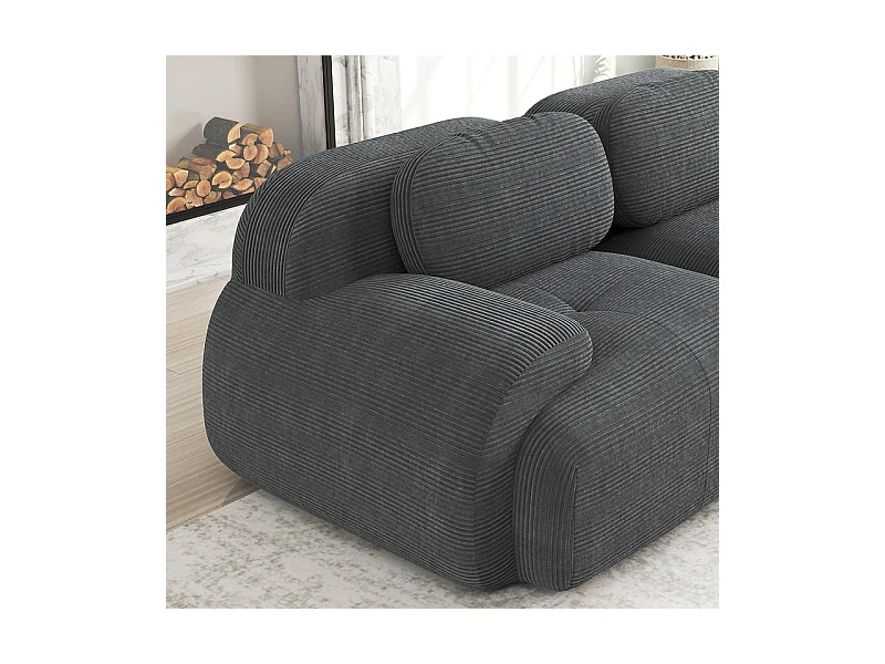 Canapé 2 places d'angle modulable - en Velours côtelé - avec 2 oreillers et  pouf - ergonomique - 208x178x75cm - Gris