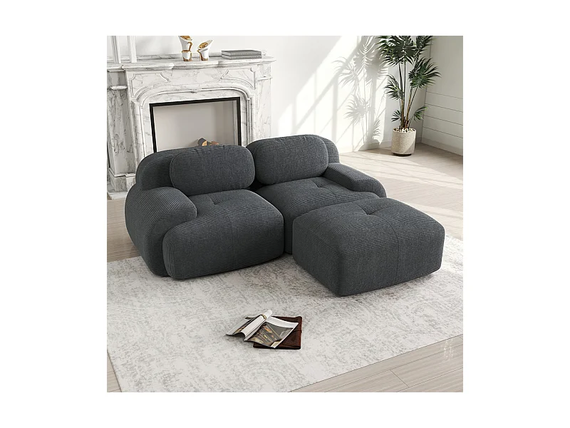 Canapé 2 places d'angle modulable - en Velours côtelé - avec 2 oreillers et  pouf - ergonomique - 208x178x75cm - Gris