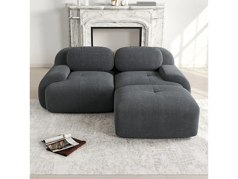 Modulares Ecksofa 2-Sitzer - aus Rippensamt - mit 2 Kissen und Hocker - ergonomisch - 208x178x75cm - Grau