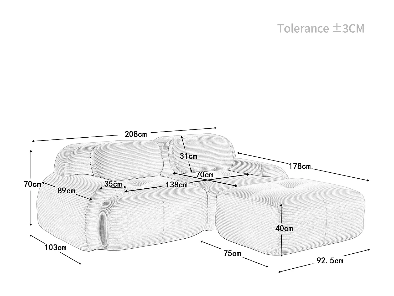 Modulares Ecksofa 2-Sitzer - aus Rippensamt - mit 2 Kissen und Hocker - ergonomisch - 208x178x75cm - Grau
