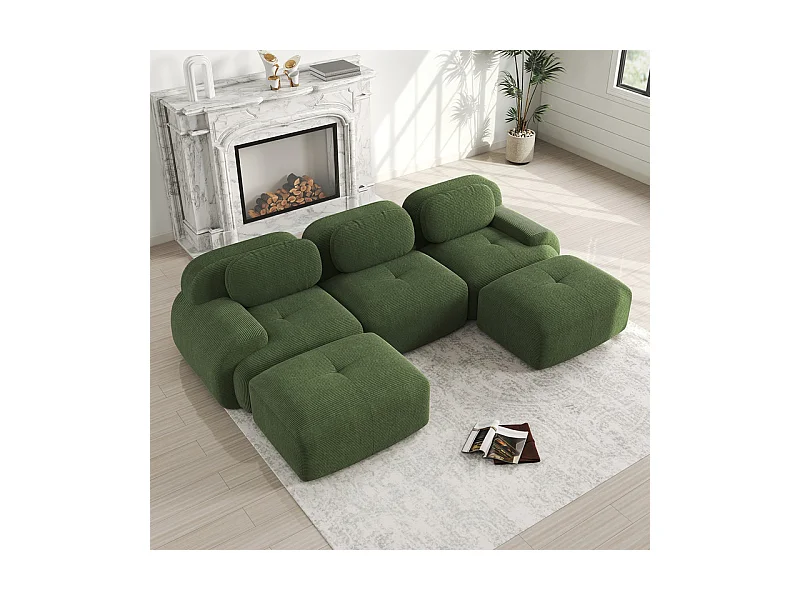 Canapé 3 places d'angle modulable - en Velours côtelé - avec 3 oreillers et 2 pouf - 298x178x75cm - Vert