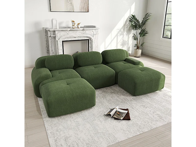 Canapé 3 places d'angle modulable - en Velours côtelé - avec 3 oreillers et 2 pouf - 298x178x75cm - Vert