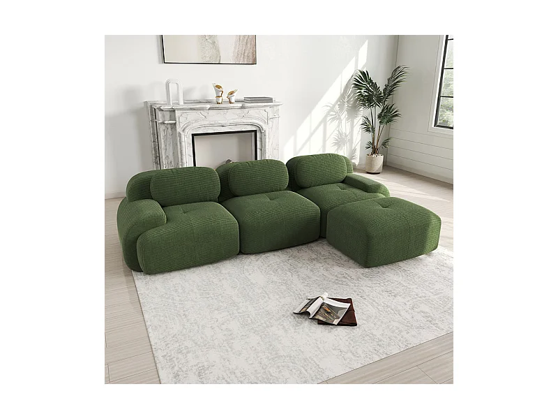 Canapé 3 places d'angle modulable - en Velours côtelé - avec 3 oreillers et pouf - 298x178x75cm - Vert