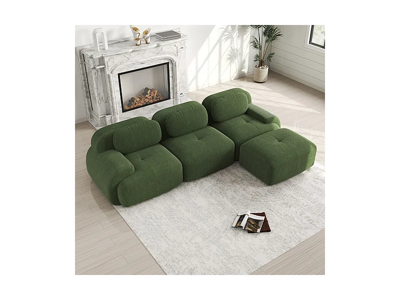 Canapé 3 places d'angle modulable - en Velours côtelé - avec 3 oreillers et pouf - 298x178x75cm - Vert