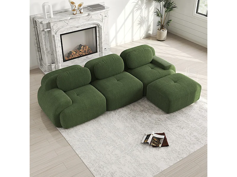 Canapé 3 places d'angle modulable - en Velours côtelé - avec 3 oreillers et pouf - 298x178x70cm - Vert