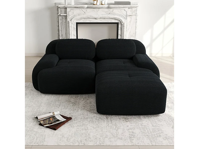 Canapé 2 places d'angle modulable - en Velours côtelé - avec 2 oreillers et  pouf - ergonomique - 208x178x75cm - Noir