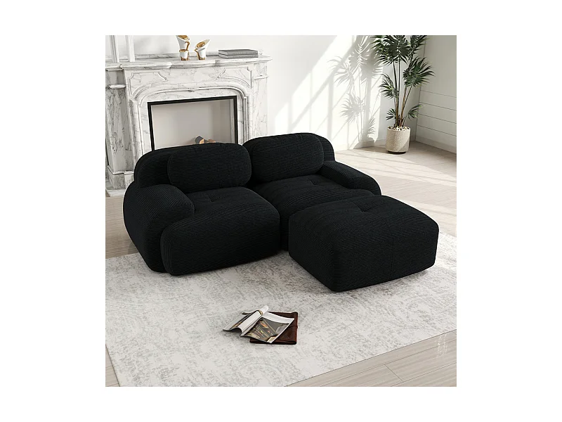 Canapé 2 places d'angle modulable - en Velours côtelé - avec 2 oreillers et  pouf - ergonomique - 208x178x75cm - Noir