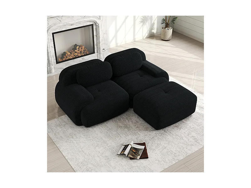 Divano angolare 2 posti modulare - in Velluto a coste - con 2 cuscini e pouf - ergonomico - 208x178x75cm - Nero