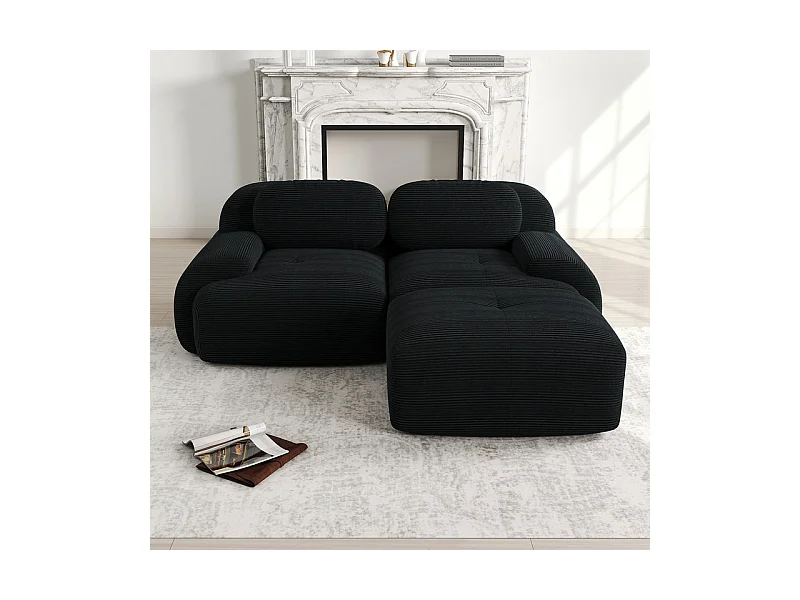 Canapé 2 places d'angle modulable - en Velours côtelé - avec 2 oreillers et  pouf - ergonomique - 208x178x75cm - Noir
