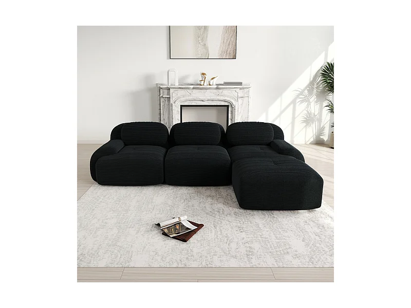 Sofá angular modular 3 lugares - de Veludo cotelê - com 3 almofadas e puff - 298x178x75cm - Preto