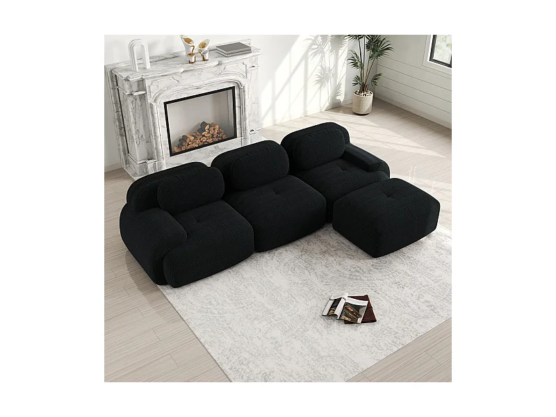 Sofá angular modular 3 lugares - de Veludo cotelê - com 3 almofadas e puff - 298x178x75cm - Preto