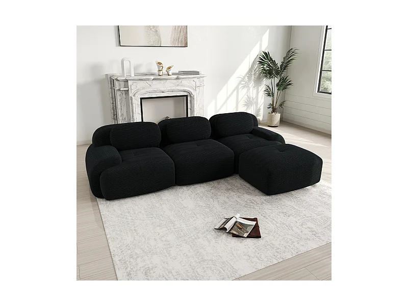 Canapé 3 places d'angle modulable - en Velours côtelé - avec 3 oreillers et pouf - 298x178x75cm - Noir