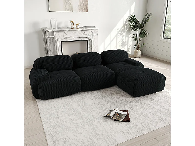 Canapé 3 places d'angle modulable - en Velours côtelé - avec 3 oreillers et pouf - 298x178x70cm - Noir