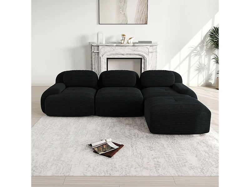 Canapé 3 places d'angle modulable - en Velours côtelé - avec 3 oreillers et pouf - 298x178x70cm - Noir