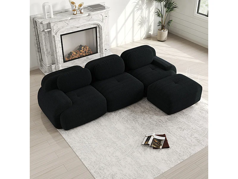 Canapé 3 places d'angle modulable - en Velours côtelé - avec 3 oreillers et pouf - 298x178x70cm - Noir