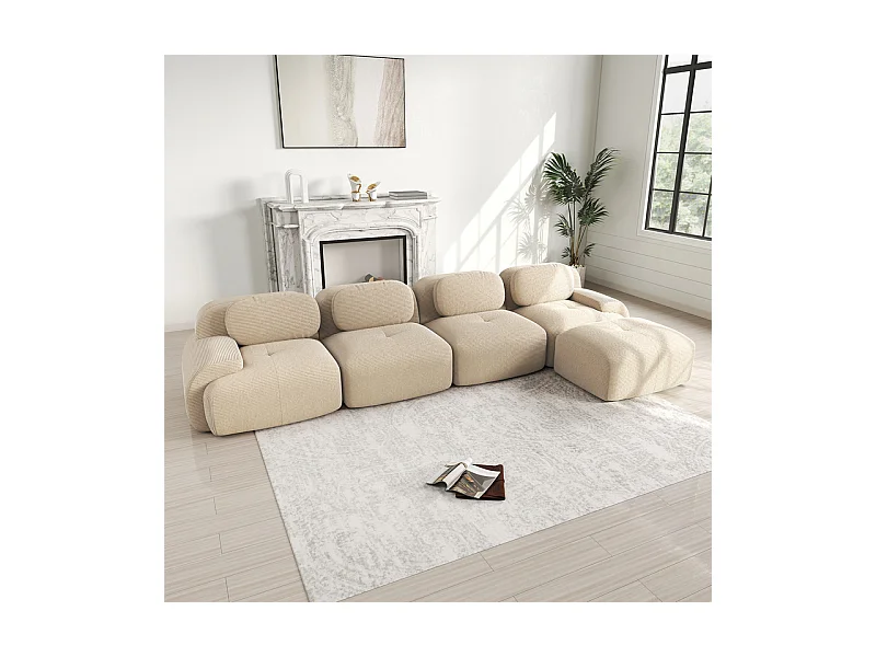 Canapé 4 places d'angle modulable - en Velours côtelé - avec 4 oreillers et pouf - 388x178x75cm - Beige