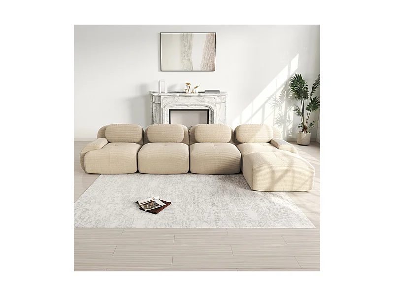 Canapé 4 places d'angle modulable - en Velours côtelé - avec 4 oreillers et pouf - 388x178x75cm - Beige