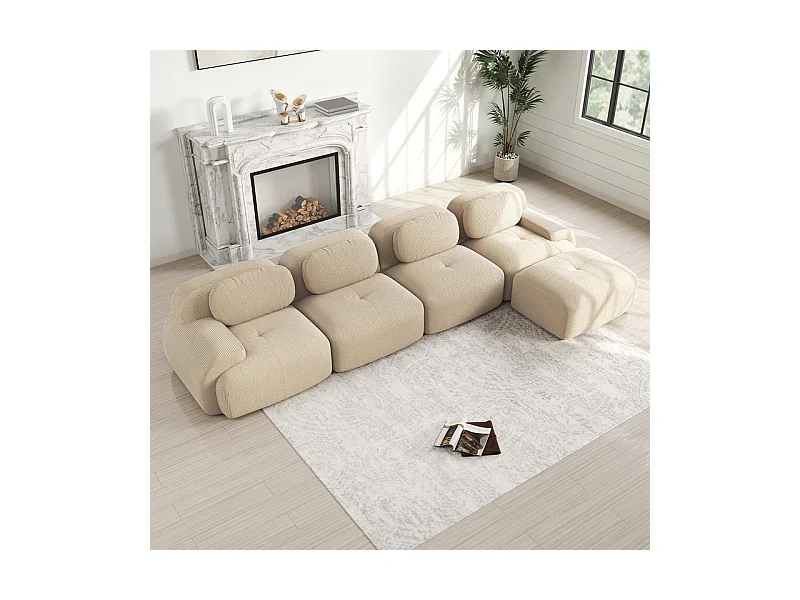 Canapé 4 places d'angle modulable - en Velours côtelé - avec 4 oreillers et pouf - 388x178x75cm - Beige
