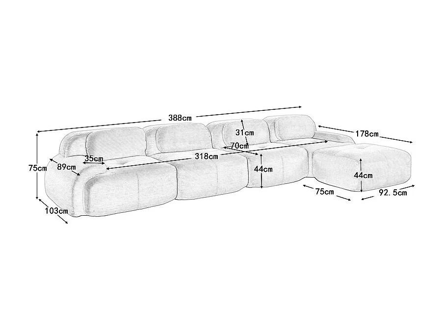 Canapé 4 places d'angle modulable - en Velours côtelé - avec 4 oreillers et pouf - 388x178x75cm - Beige