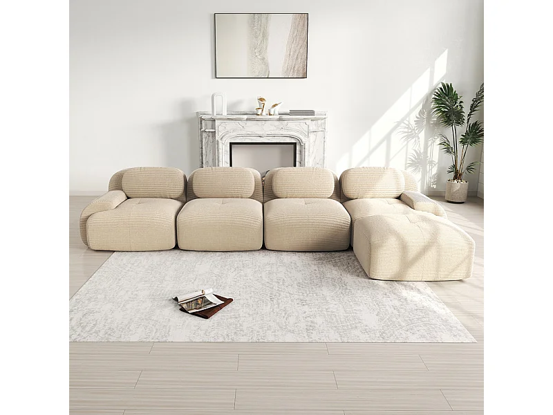Canapé 4 places d'angle modulable - en Velours côtelé - avec 4 oreillers et pouf - 388x178x70cm - Beige