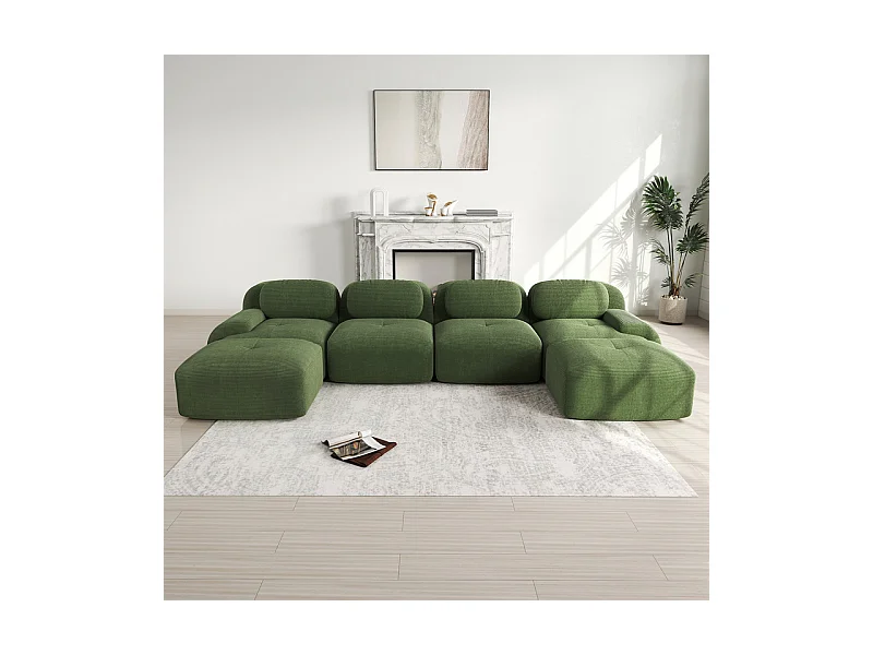 Grand canapé d'angle modulable 388cm - en Velours côtelé - avec 4 oreillers et  2 pouf - ergonomique - Vert