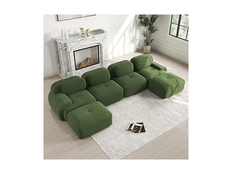 Grand canapé d'angle modulable 388cm - en Velours côtelé - avec 4 oreillers et  2 pouf - ergonomique - Vert