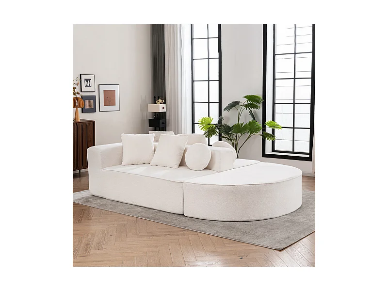 Canapé 5 places panoramique modulable - en tissu Chenille blanc - avec 6 oreillers - 263x171x66cm